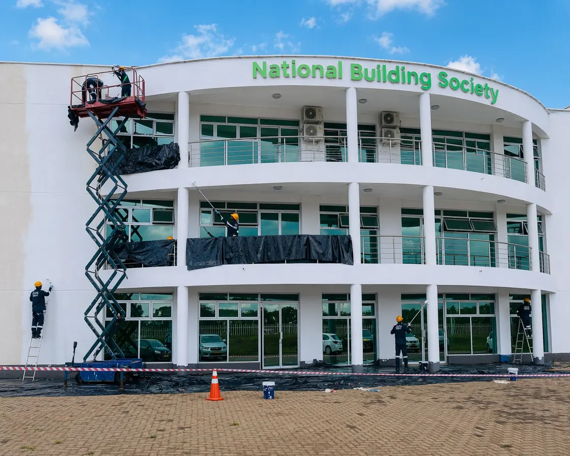 Painting contractor Harare working at height on a curved commercial building facade in Zimbabwe