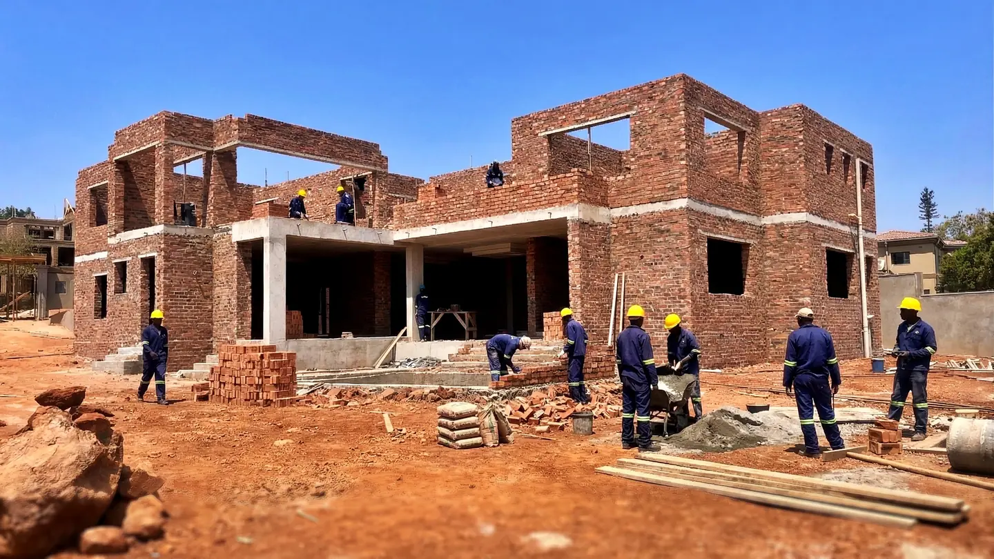 Tawaka Contracting site team building a double-storey face-brick house, walls and roof beams under construction in Zimbabwe