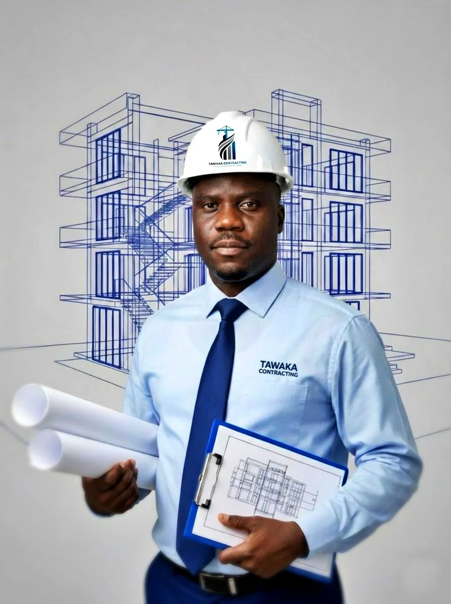 Tawaka Contracting engineer in branded workwear and safety helmet with building plans, Harare, Zimbabwe