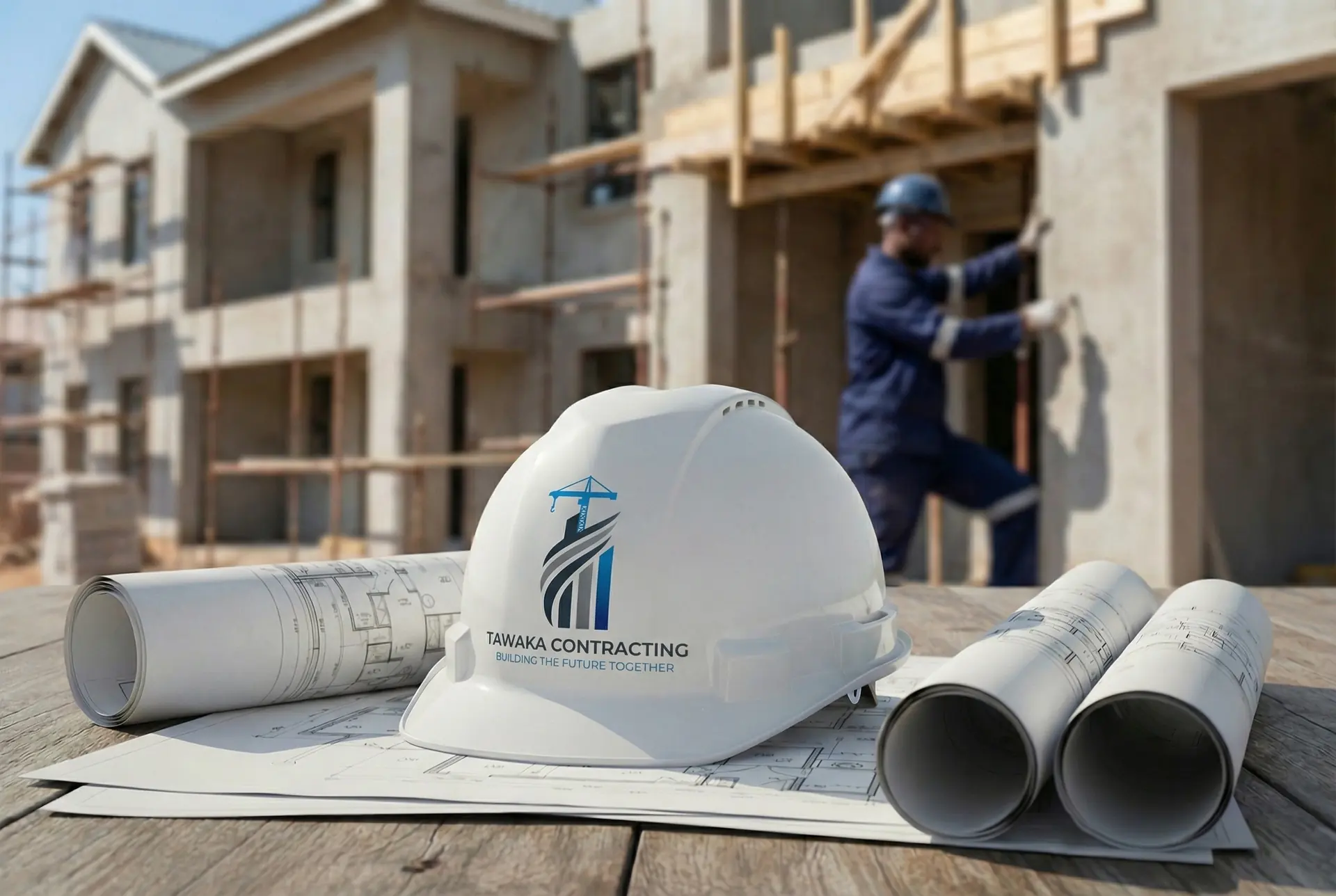 Tawaka Contracting site supervision — construction company in Harare, Zimbabwe, with branded safety helmet and building plans on an active residential site