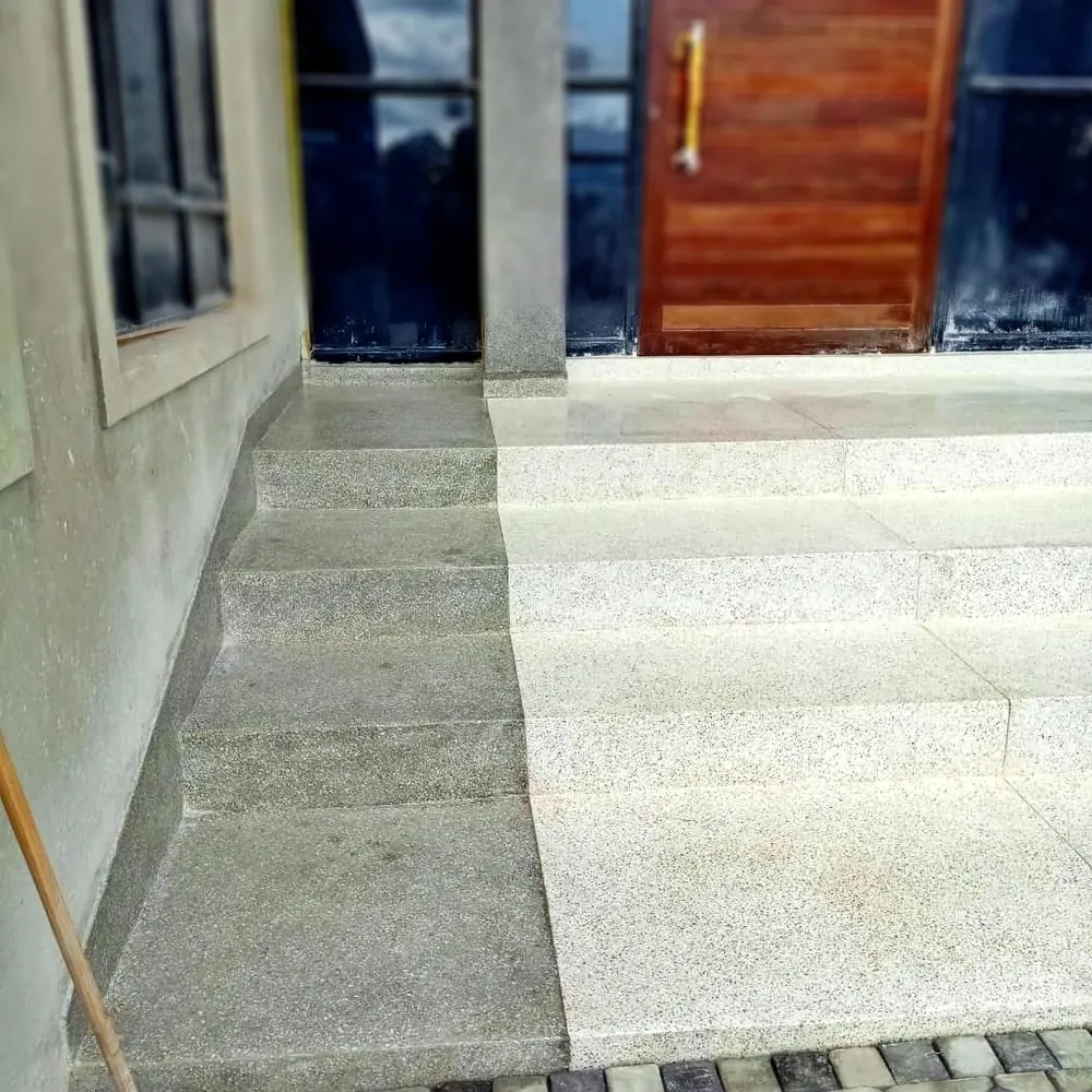 Terrazzo flooring Greendale Harare — two-tone terrazzo entrance steps and landing meeting a timber door threshold